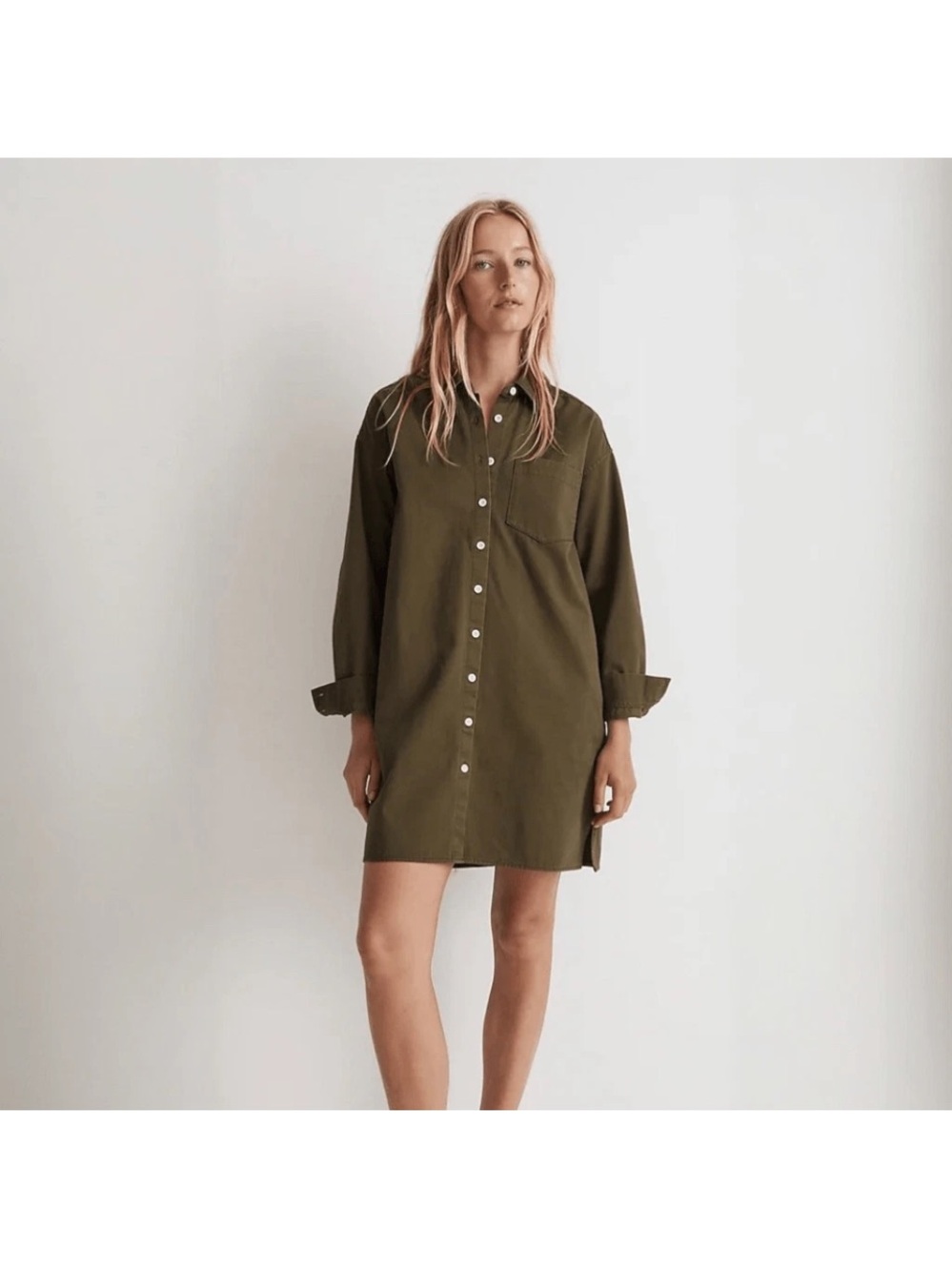 Madewell Cotton Twill Mini Shirt Dress in Loden Green size small